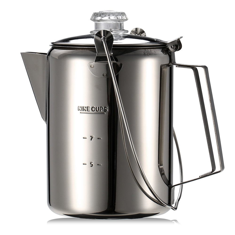 Stainless Steel 9 Cup Coffee Maker Coffee Pot Teapot Outdoor Camping Tableware Percolator Coffee Pot for Home Kitchen Cooking